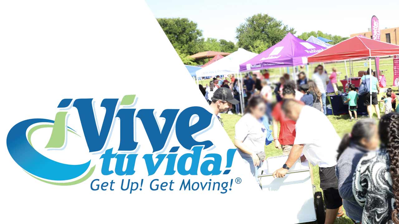Logo reading “¡Vive tu vida! Get Up! Get Moving!” on the left; on the right, people gather outdoors at tents and booths during a sunny community health event.