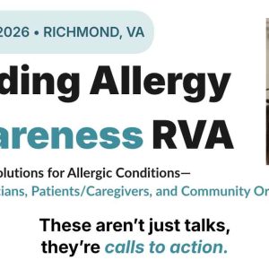 Event flyer for "Feeding Allergy Awareness RVA" on May 15, 2026, in Richmond, VA. Includes a speaker at a podium and text about solutions for allergic conditions, urging action, not just talks.