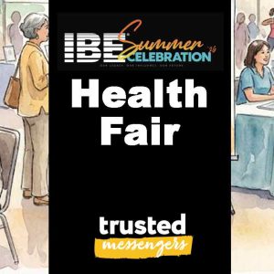 Illustration of a health fair with people receiving health services, such as blood pressure checks. Text reads "IBE Summer Celebration Health Fair" and "trusted messengers." Tables and healthcare workers are visible in the background.