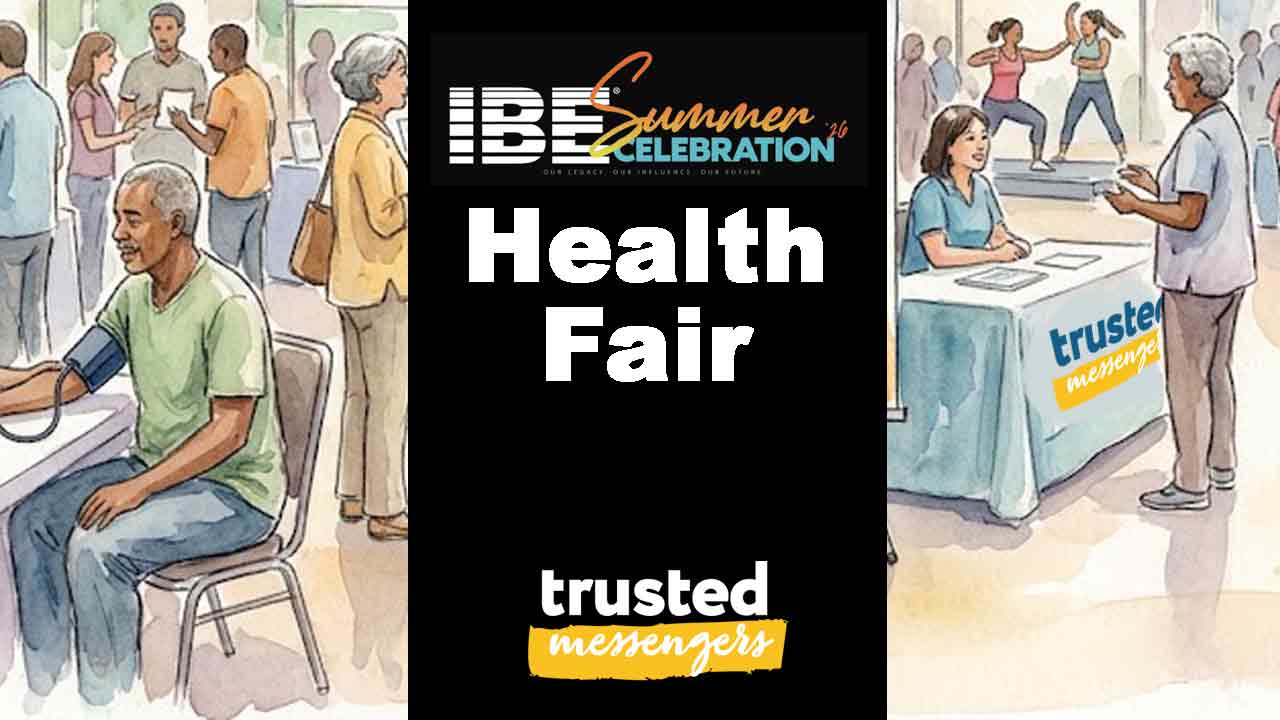 Illustration of a health fair with people receiving health services, such as blood pressure checks. Text reads "IBE Summer Celebration Health Fair" and "trusted messengers." Tables and healthcare workers are visible in the background.