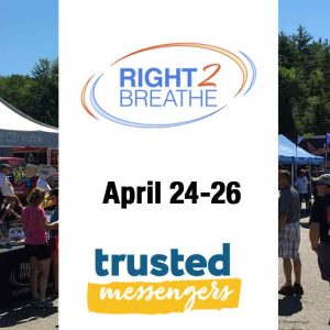 A crowd gathers outdoors near vendor tents under clear skies. The center text reads: "RIGHT 2 BREATHE, April 24-26, trusted messengers." Trees are visible in the background.