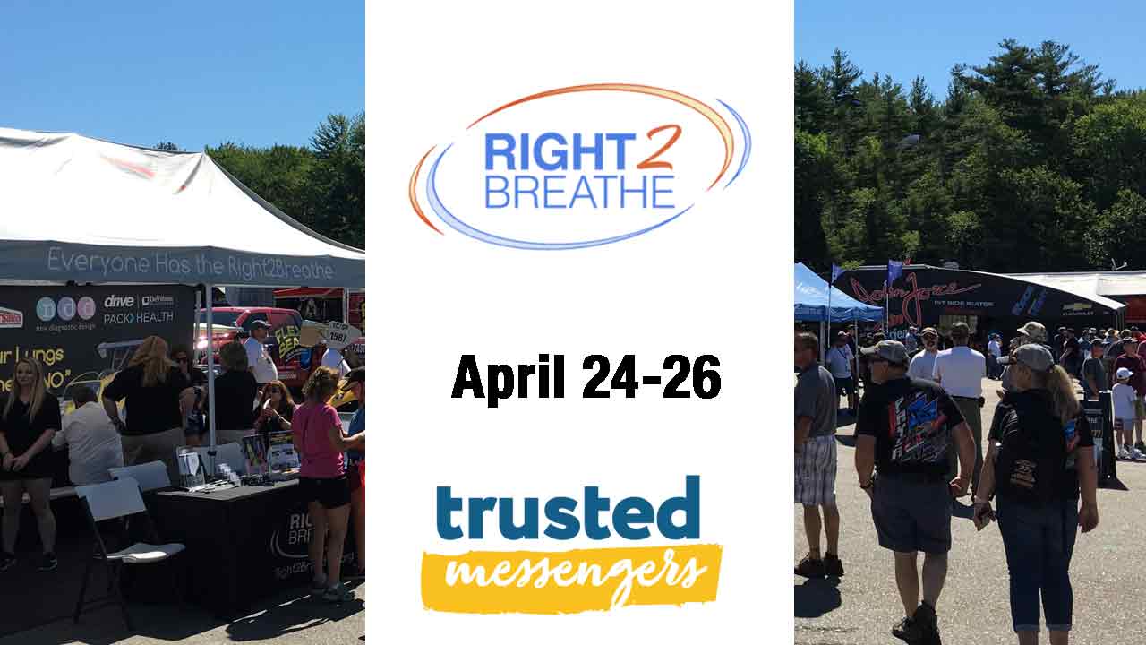 A crowd gathers outdoors near vendor tents under clear skies. The center text reads: "RIGHT 2 BREATHE, April 24-26, trusted messengers." Trees are visible in the background.