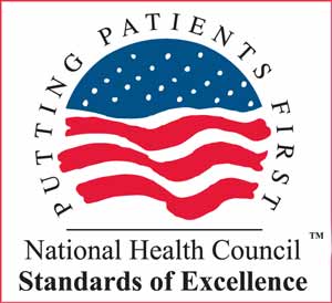 Logo of the National Health Council featuring red and white wavy stripes with white stars on a blue background, and the words "Putting Patients First" and "Standards of Excellence.