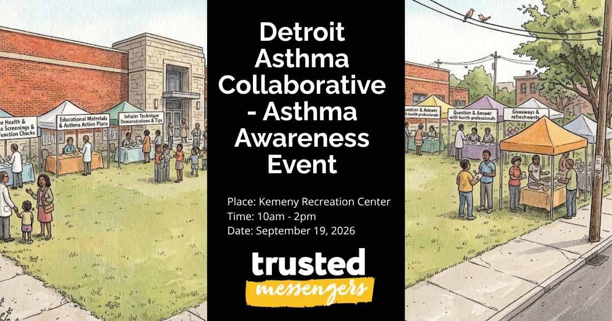 Illustration of a community event outside with tents labeled for asthma action plans, education, and giveaways. Text highlights Detroit Asthma Awareness Event details: Kemeny Recreation Center, September 19, 2026, 10am-2pm.