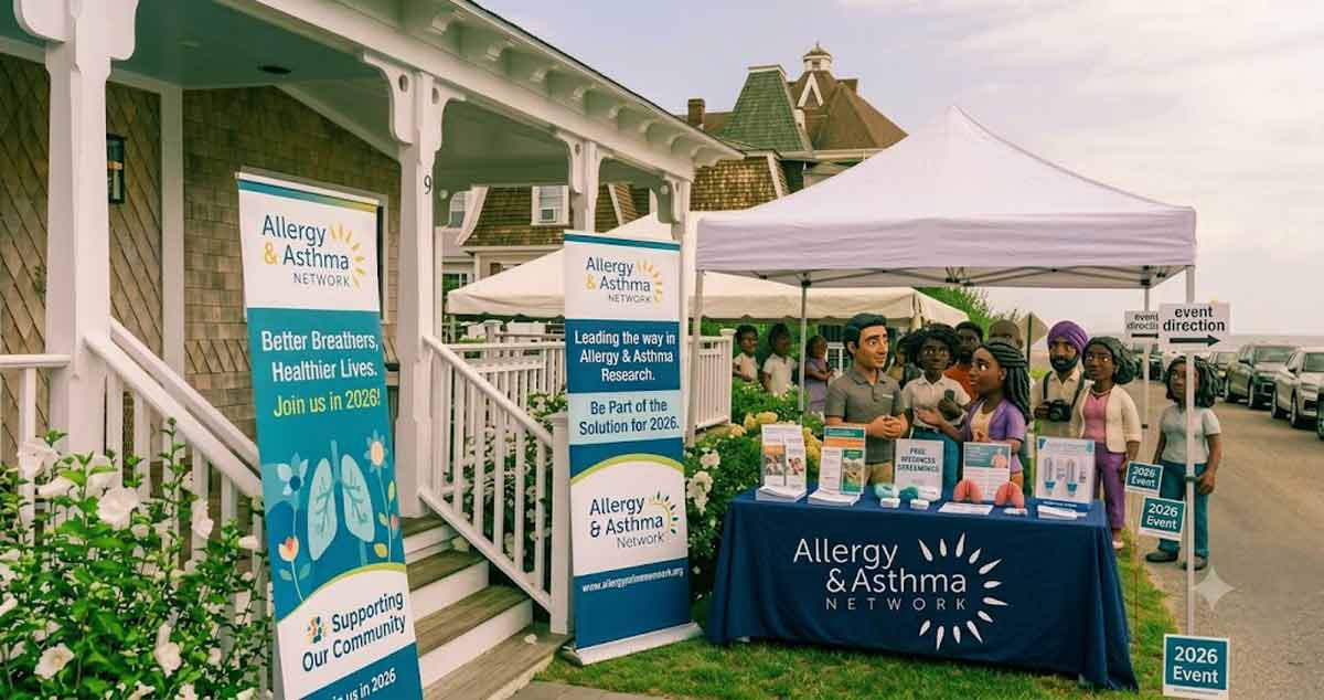 A community event booth for the Allergy & Asthma Network is set up outdoors with banners, brochures, and people gathered near a tent and a house. Directional signs point to the 2026 event. Several people are talking at the table.