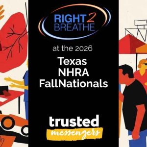 Promotional graphic for Right2Breathe at the 2026 Texas NHRA FallNationals, featuring illustrations of event booths and attendees.