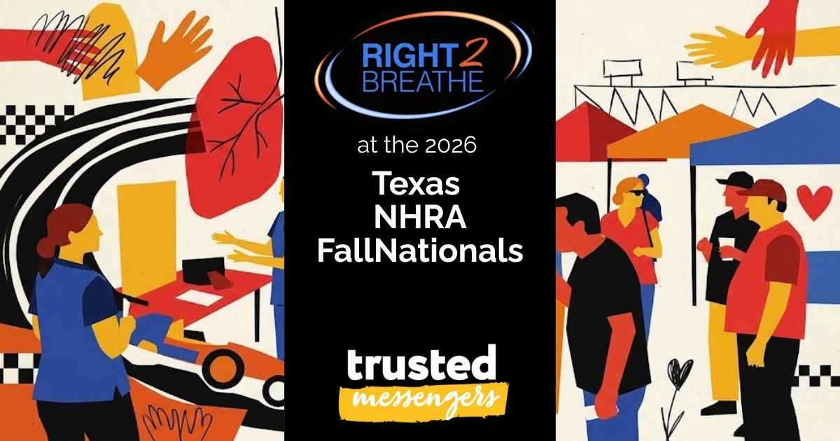 Promotional graphic for Right2Breathe at the 2026 Texas NHRA FallNationals, featuring illustrations of event booths and attendees.